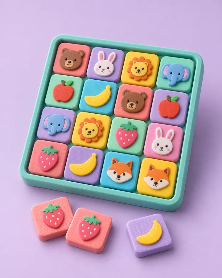 Jogo de memória com peças coloridas de animais e frutas impresso em 3D