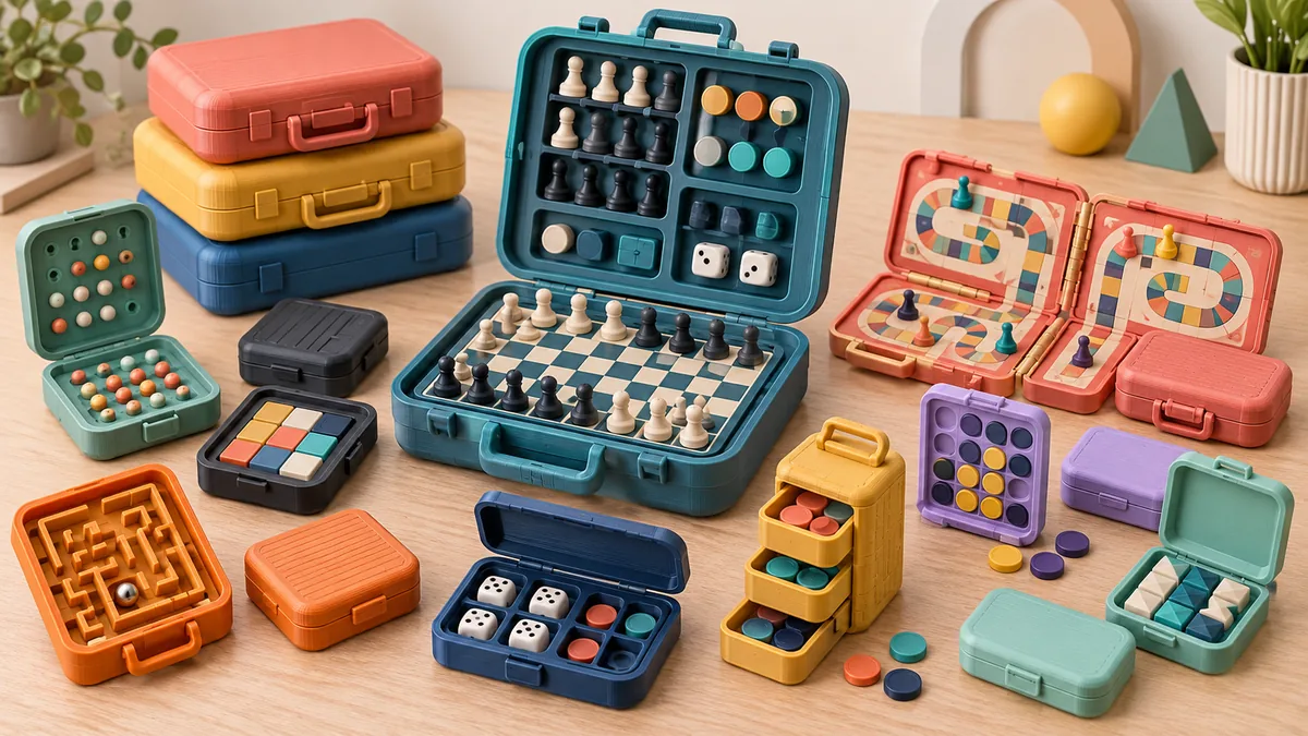 Jogos de viagem em estojos impressos em 3D: xadrez, labirinto, dados e tabuleiros compactos