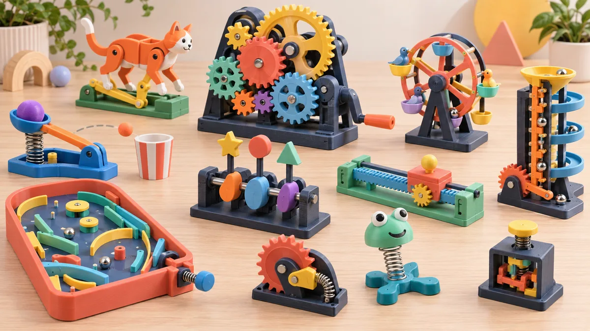 Brinquedos mecânicos coloridos impressos em 3D com engrenagens e mecanismos