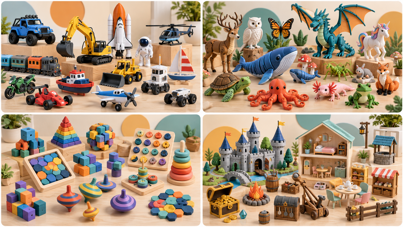 Coleção completa de jogos e brinquedos impressos em 3D: veículos, animais articulados, blocos de montar e cenários