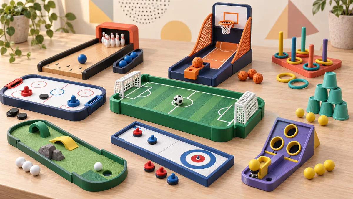 Mini jogos esportivos de mesa impressos em 3D: boliche, basquete, futebol, hóquei e golfe