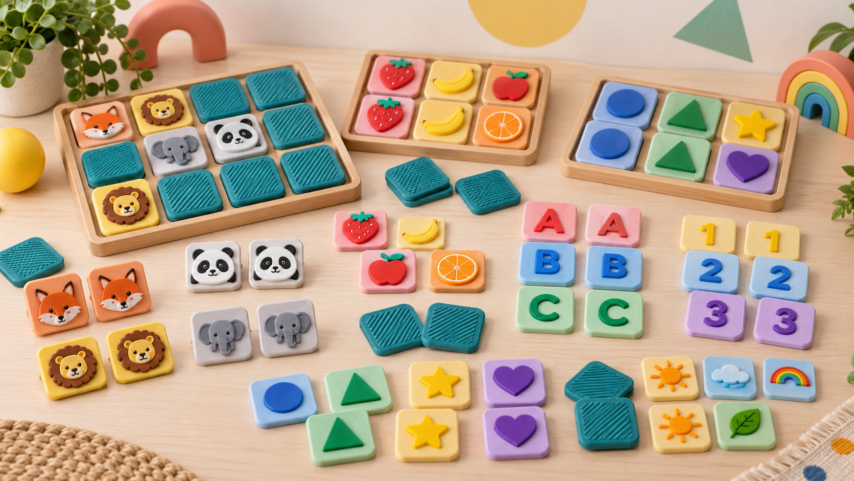 Peças coloridas de um jogo de memória impresso em 3D