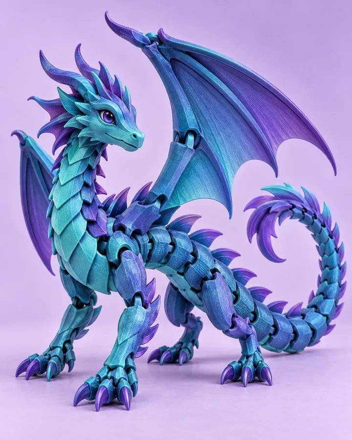 Dragão articulado em tons de azul e roxo impresso em 3D