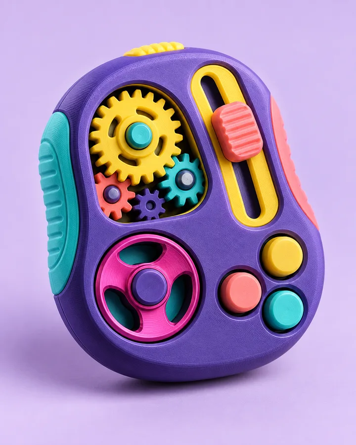 Fidget roxo com engrenagens, botões e spinner impresso em 3D